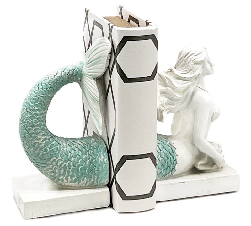 Bellaa 22975 Decorative Bookend Mermaid Antique Farmhouse Sailor Sea Nautical Coastal Fish Boho Beach Decor Retro Vintage Book Ends Distressed White Turquoise 9 Inch - Image 2